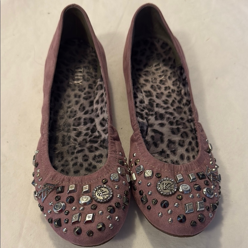 Kathy Van Zeeland Silver and Gun Metal Embellished Purple Suede Flats Size 8 EUC